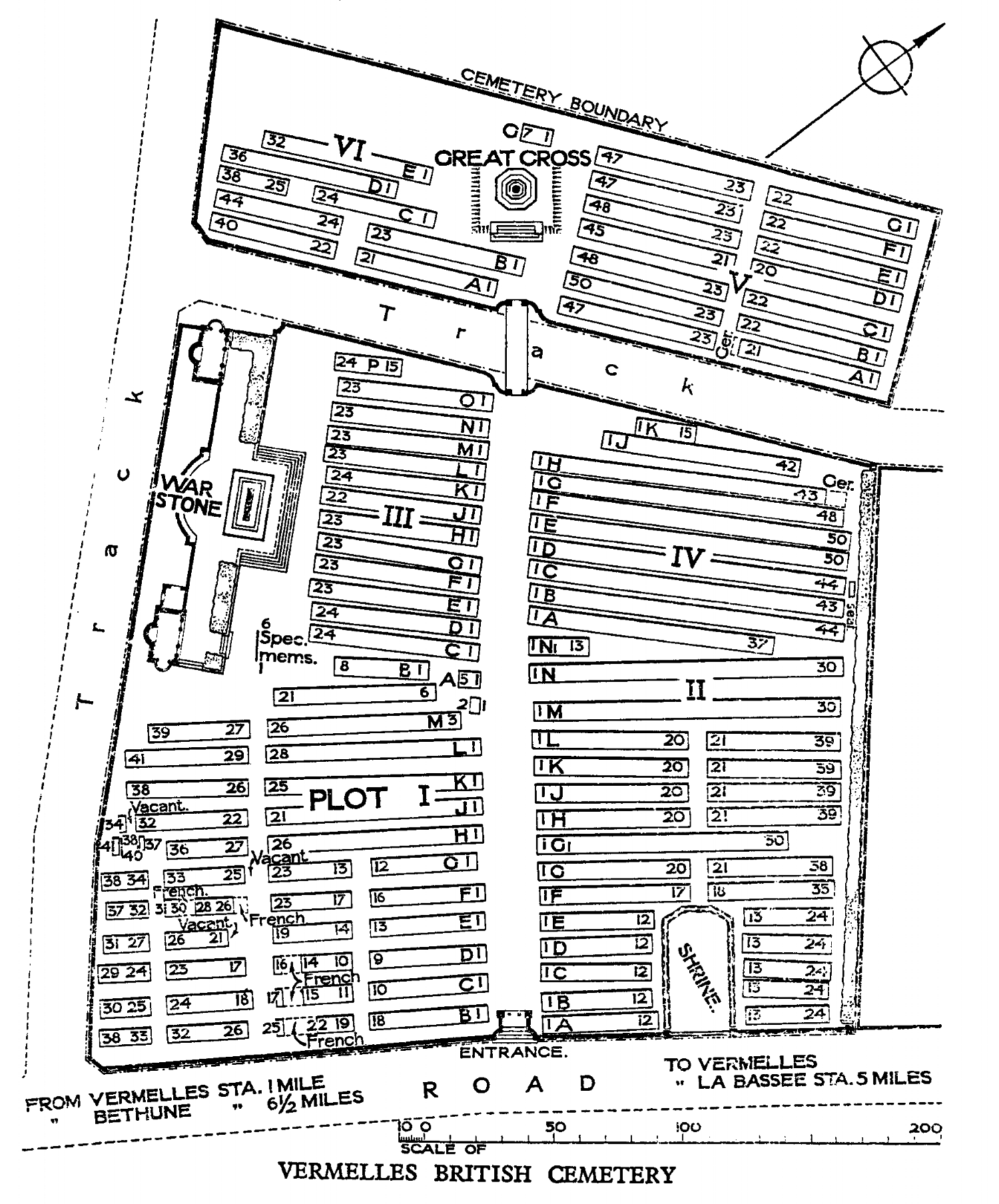Cemetery Plan for Vermelles British Cemetery. The Grave Reference for Private Percy Willett is IV.J.33