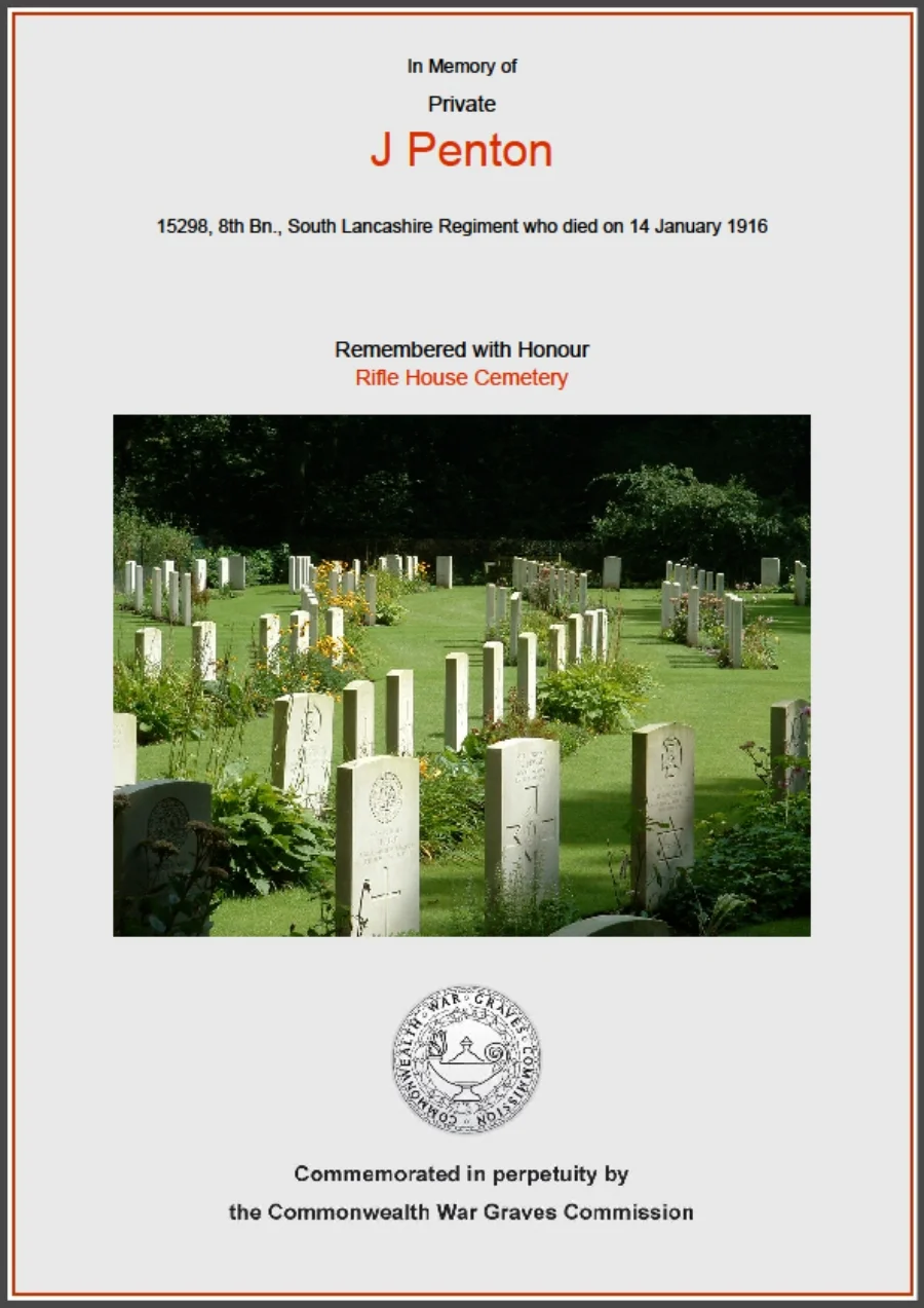 Commonwealth War Graves Commission Certificate in memory of James Penton