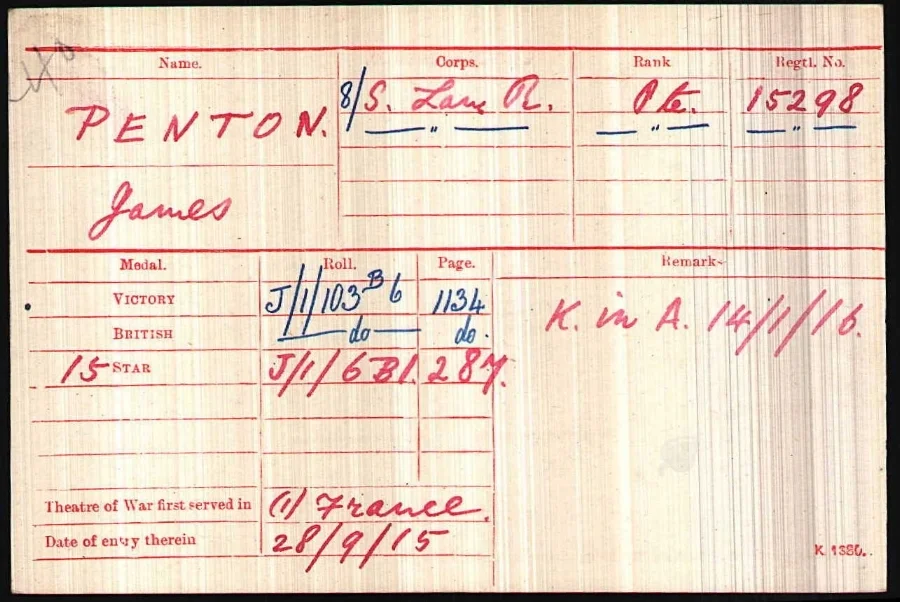 Private James Penton’s medal card