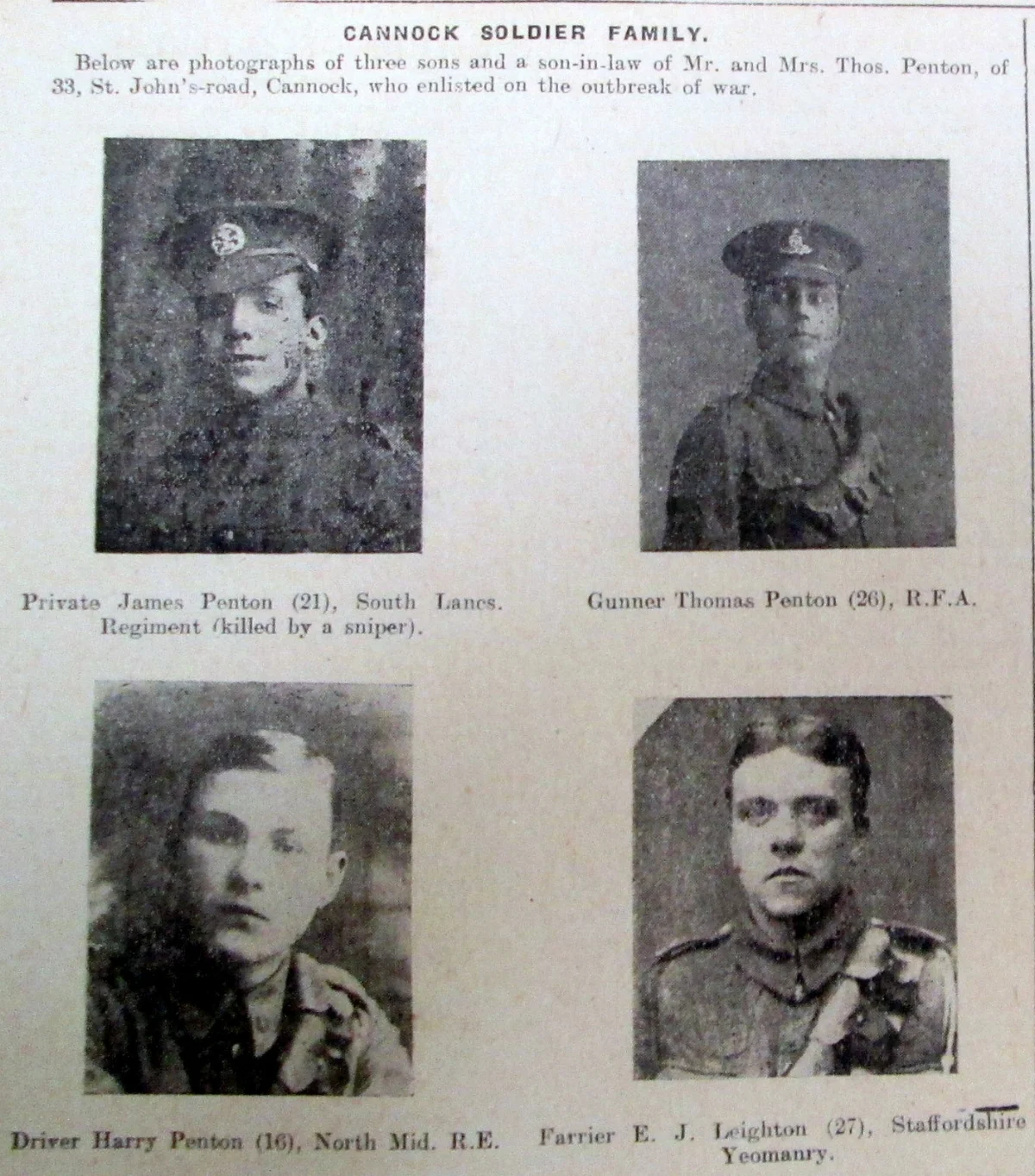 Article in the 29 January 1916 edition of the Cannock Advertiser about Thomas, James and Harry Penton and their brother-in law Eli John Leighton