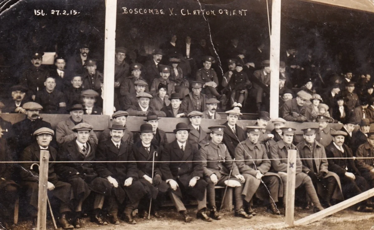 Private James Penton front row 4th from right of picture watching the football game between Boscombe and Clapton Orient (now Leyton Orient) on 27 February 1915