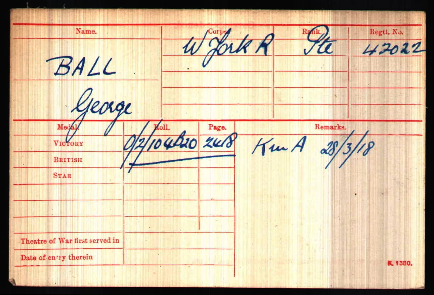 British Army World War I Medal Roll Index Card, 1914-1920, for 42022 Private George Michael Ball