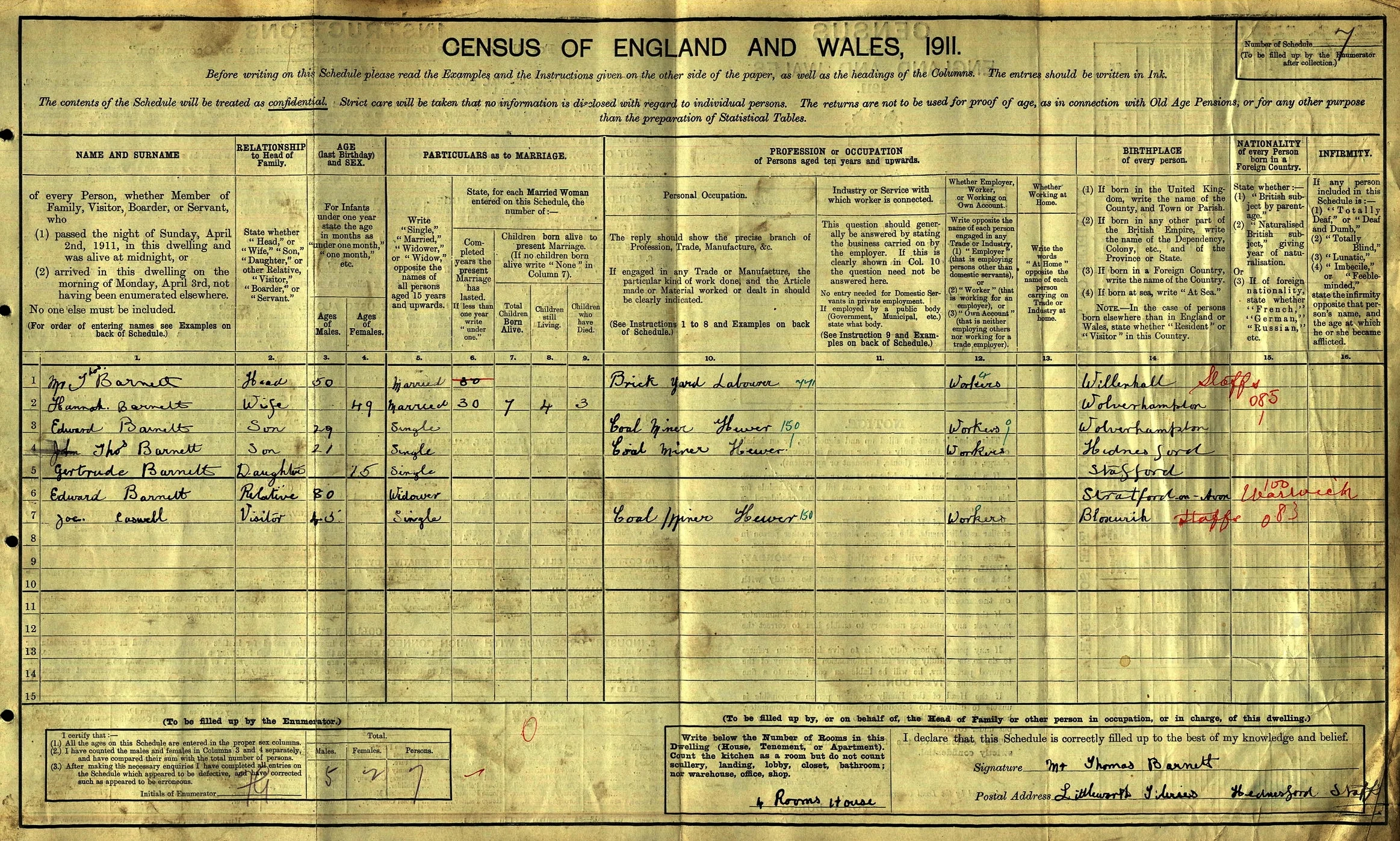 Extract from the 1911 census for the family of Thomas and Hannah Barnett