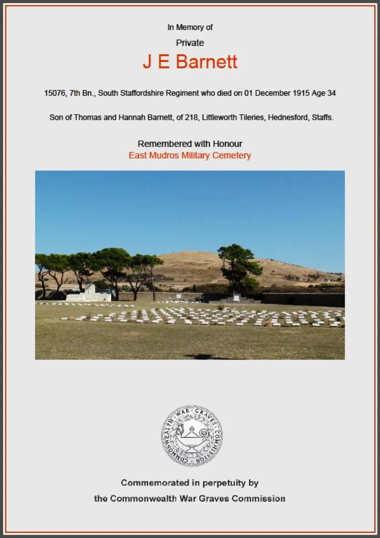 Commonwealth War Graves Commission commemorative certificate for 15076 Private Joseph Edward Barnett