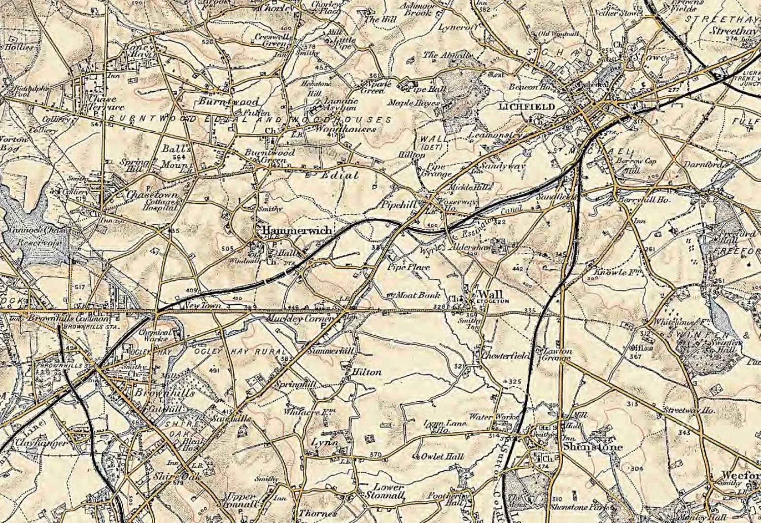 Section of UK, Revised New Series Maps, 1896 – 1904, showing the area around Wall in Staffordshire
