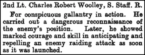 The citation that appeared on page 2197 of the Supplement to the London Gazette on 3 March 1917 regarding the award of the Military Cross to 2nd Lieutenant Charles Robert Woolley