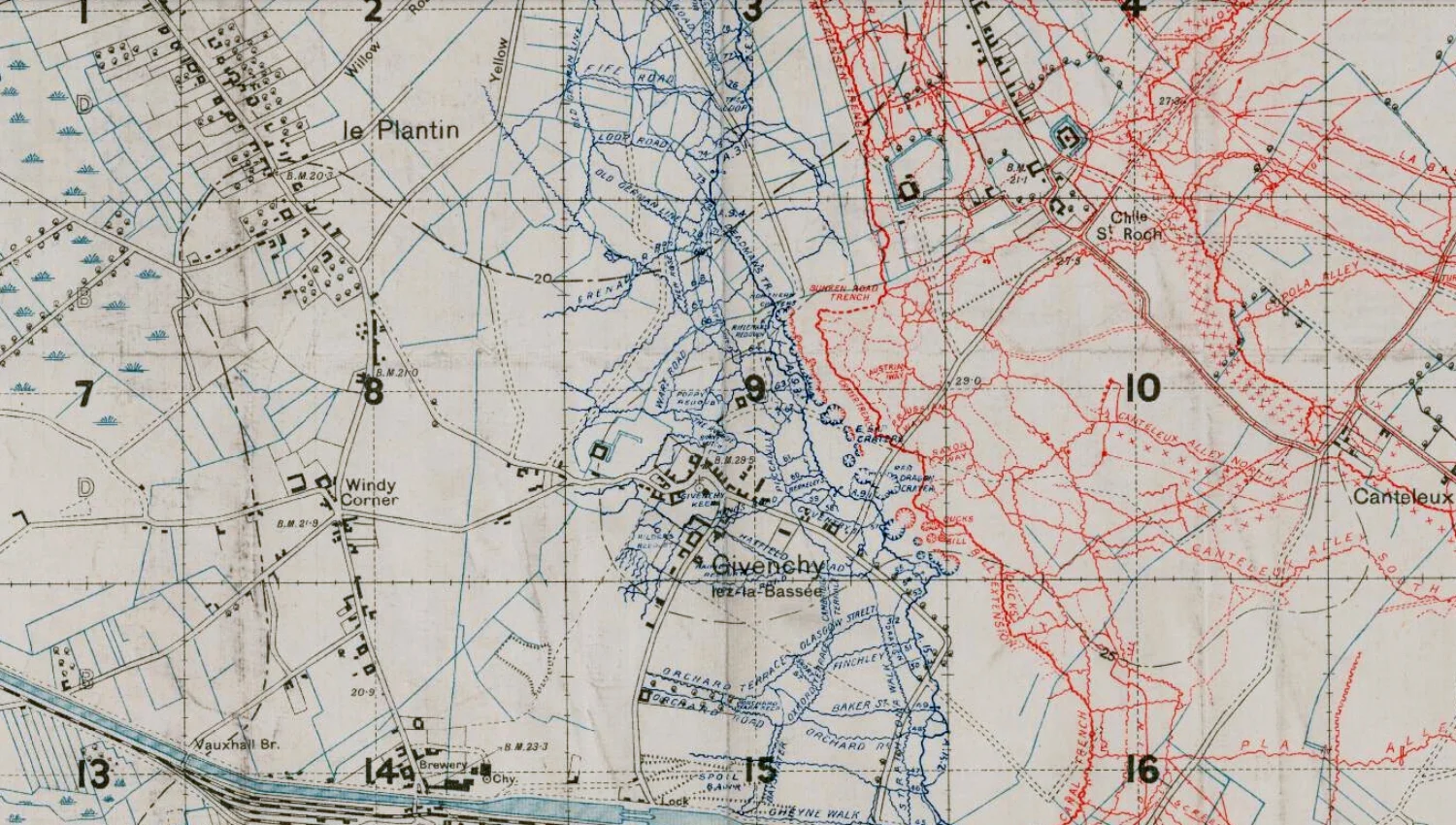 Section of the British WW1 Trench map 36C N.W. showing the trenches in the Givenchy-lès-la-Bassee area