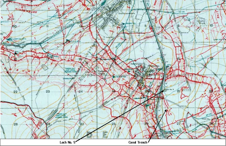 Extract from the 1:20,000, 1917 trench map of the area around Moeuvres {special sheet, edition 6G, showing parts of 57C.NW, 57C.NE, 57C.SW and 57C.SE, with the trenches corrected to 14 December 1917}