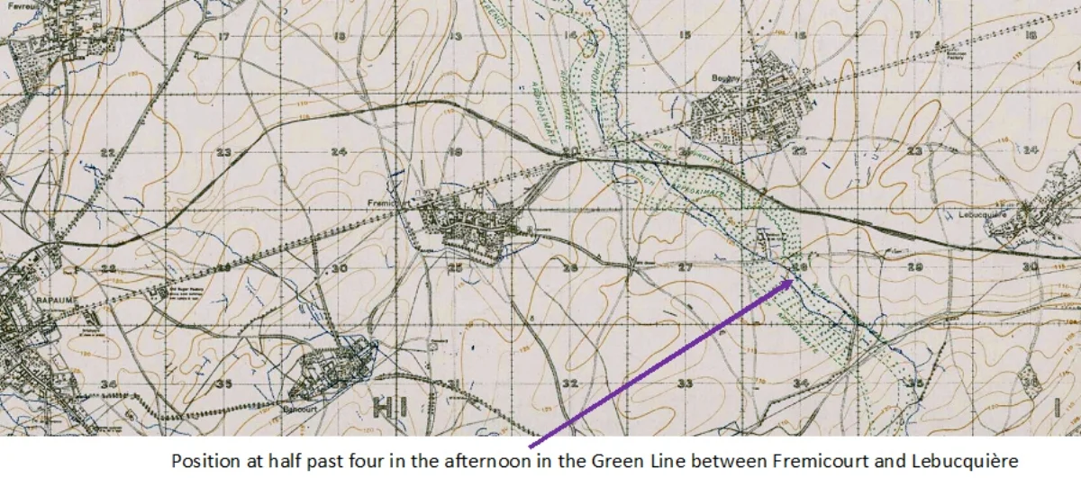 Extract from the 1:20,000, March 1918 trench map, edition 7D, showing the area around the Green Line east of Bapaume