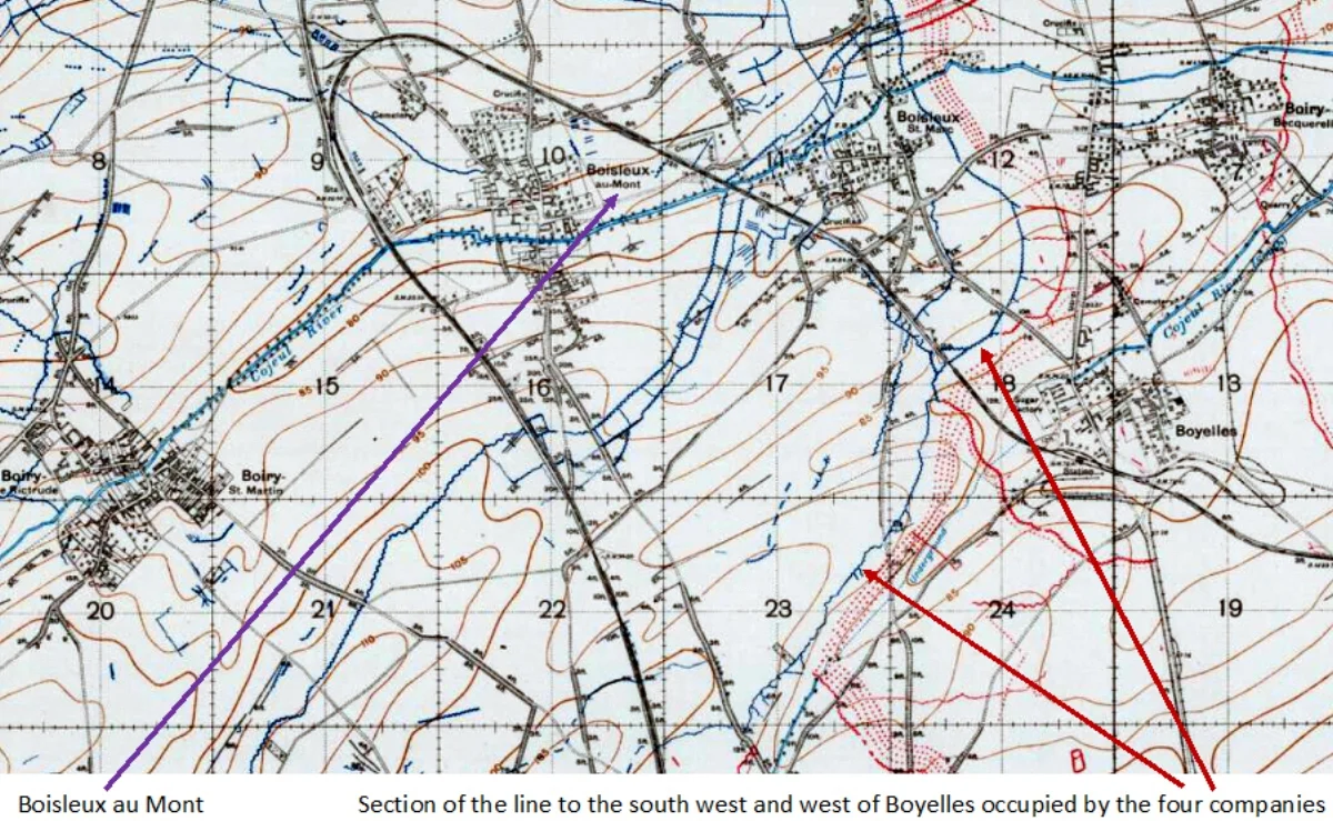 Extract from the 1:20,000, May 1918 trench map, edition 8A, showing the area around the Purple Line south of Arras {51B.SW, with the trenches corrected to 25 April 1918}