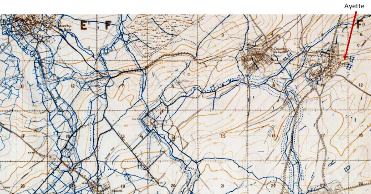Extract from the 1:20,000, April 1918 trench map, edition 5A, showing the area around the Purple Line west and south of Ayette