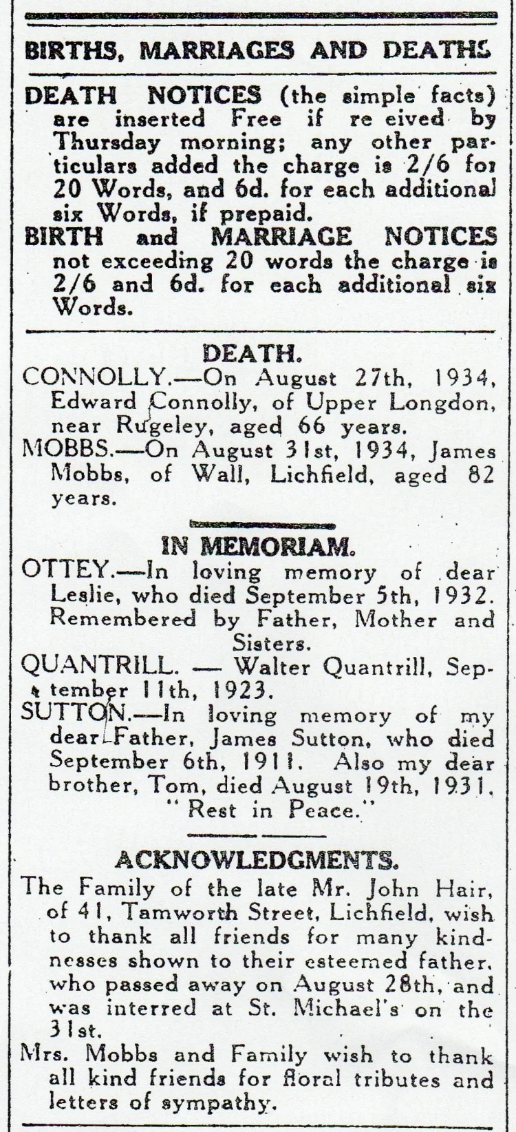Notice of the death of James Mobbs and the family’s acknowledgment from the Lichfield Mercury edition of 7 September 1934
