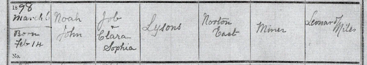 The baptism register for the Norton East Primitive Methodist Church, Norton Canes, Staffordshire, showing Noah John Lysons’ baptism