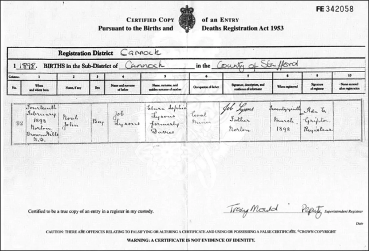 Copy of Noah John Lysons’s birth certificate