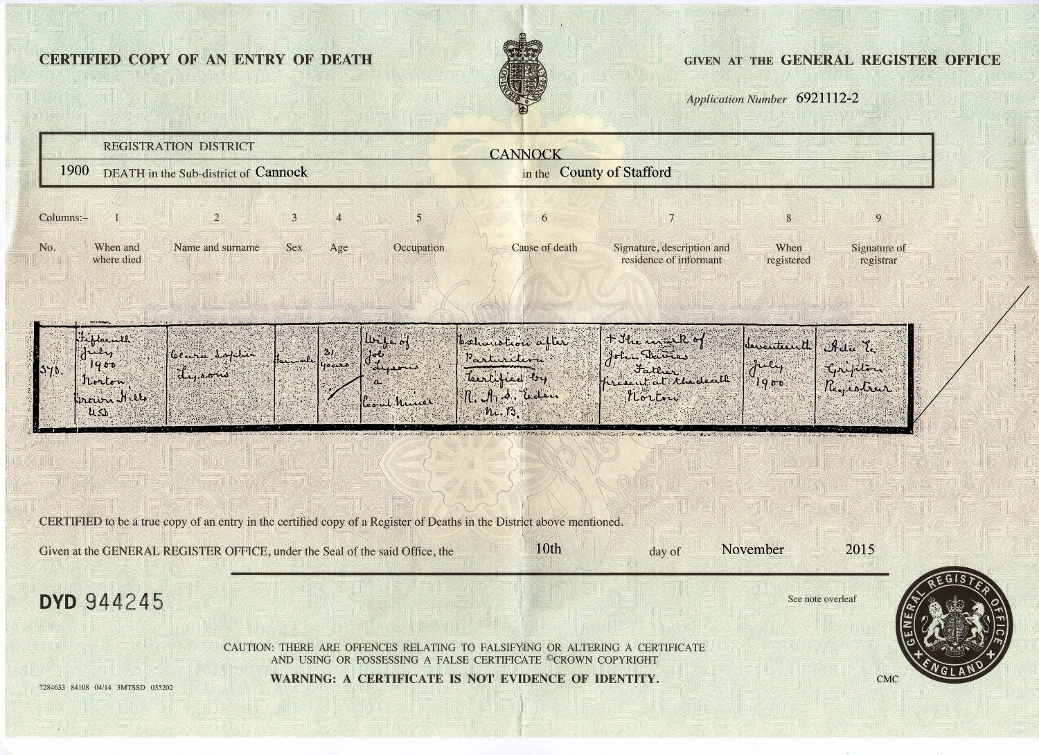 Copy of the death certificate for Noah’s mother Clara Sophia Lysons