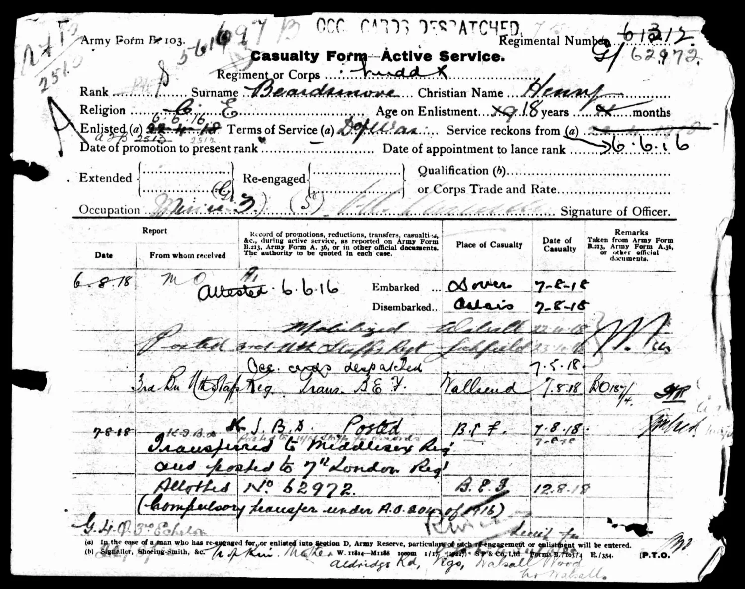 The casualty record for Private Henry Beardsmore (61312), 3rd Battalion North Staffordshire Regiment, (G/62972) 7th Battalion London Regiment, Duke of Cambridge’s Own (Middlesex) Regiment