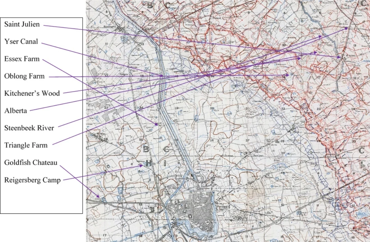 Section of the British WW1 Trench map 28 NW Scale 1:20000 Edition 6A showing the trenches in the Saint Julien sector in July 1917