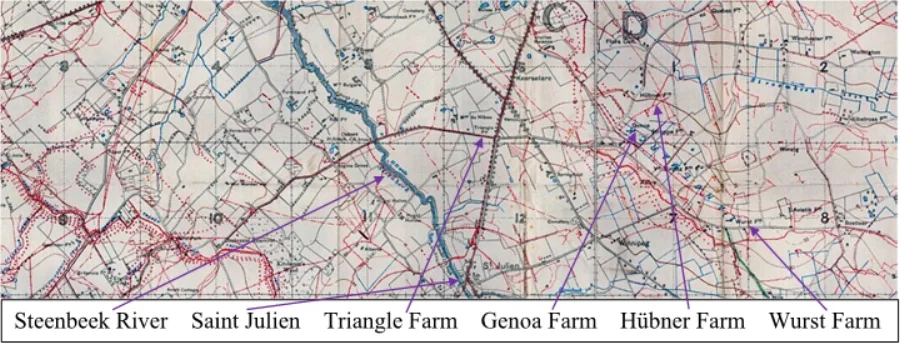 Section of the British WW1 Trench map 28 NW 2 & 28 NE 1 (Saint Julien - Zonnebeke) Scale 1:10000 Edition 6A, trenches corrected to 30 June 1917