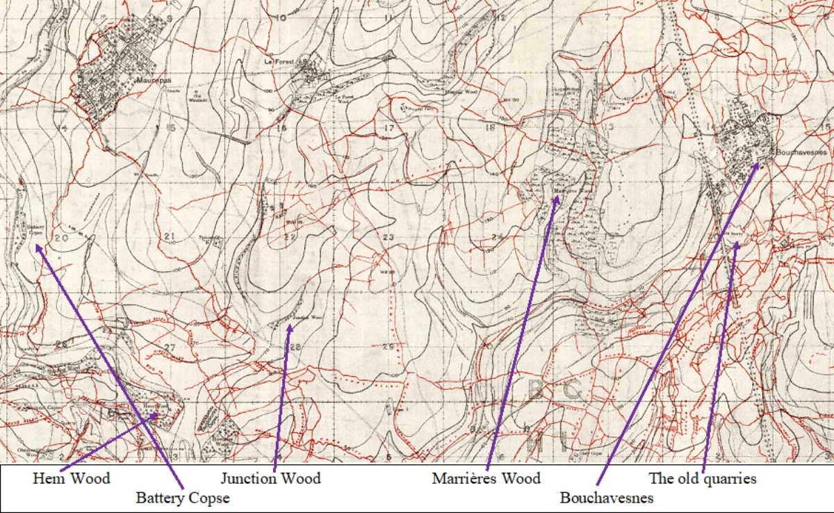 Section of the British WW1 Trench map 62C NW Scale 1:20000 Edition 4B, trenches corrected to 6 March 1918
