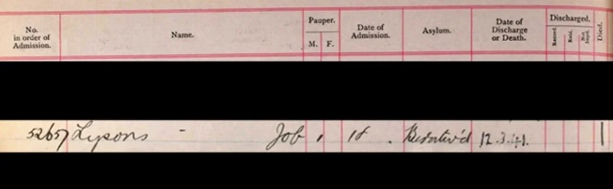 Entry page in the St. Matthew’s Hospital Lunacy Patients Admissions Register for Noah’s father Job Lysons, recording his admission date 18 July 1907 and date of death 12 March 1941 {N.B. The names of other patients have been hidden}