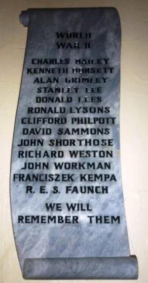 Photograph of the panel on the War Memorial inside Burntwood Christ Church bearing the name of Ronald Cecil Lysons
