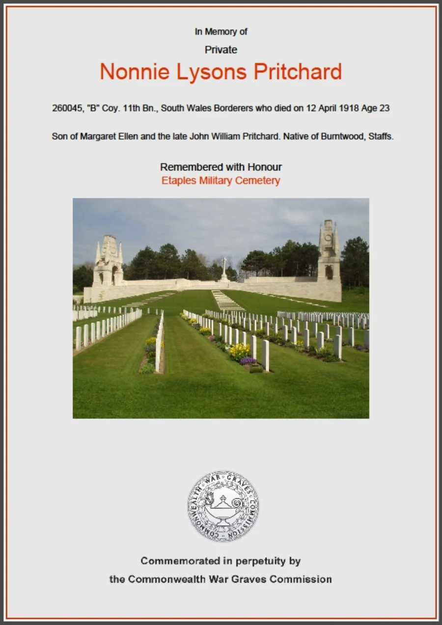 Commonwealth War Graves Commission certificate in memory of Private Nonnie Lysons Pritchard