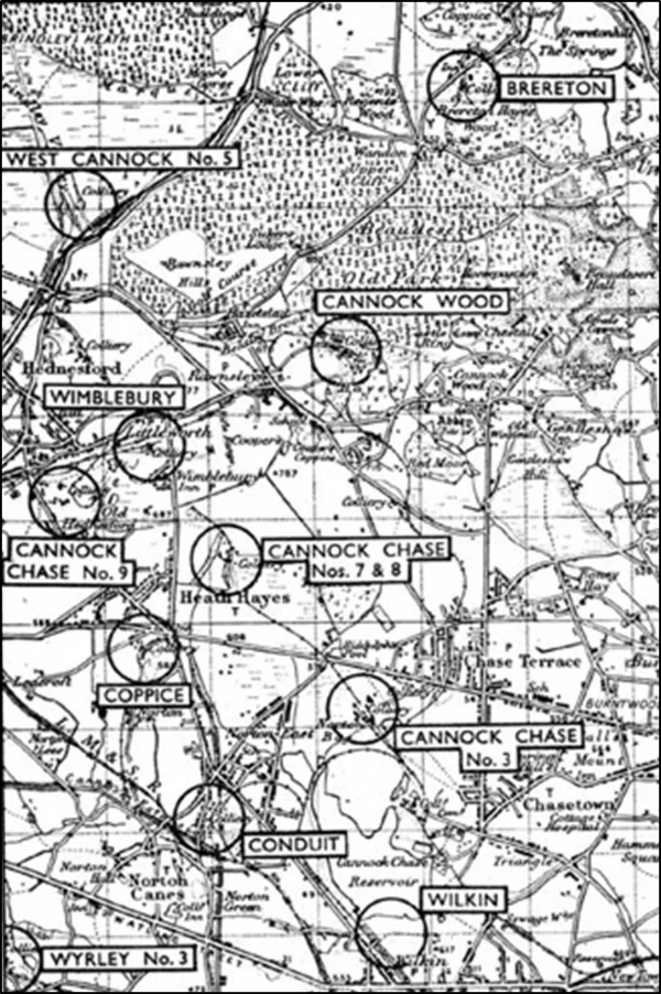 Map showing the location of mines in the Cannock area