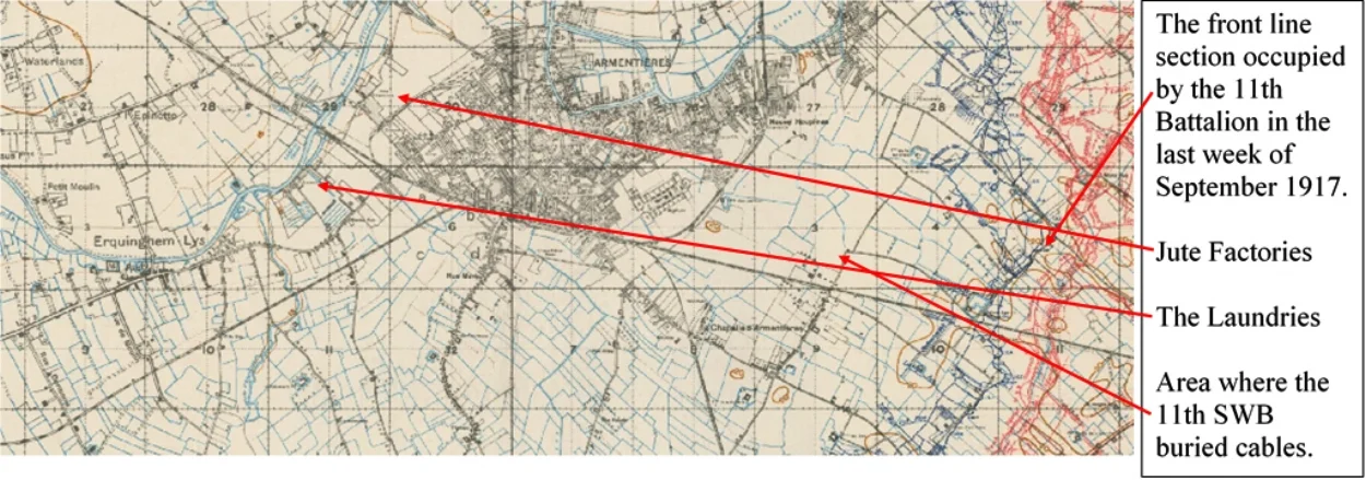 Extract from the British First World War trench map 36 NW Edition 8A showing the region south of Armentières occupied by the men of the 11th Battalion South Wales Borderers during September and October 1917.