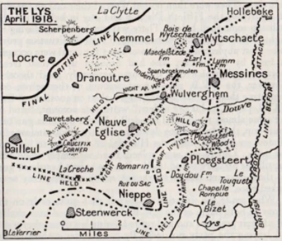Map showing the northern region of the Battle of the Lys in April 1918