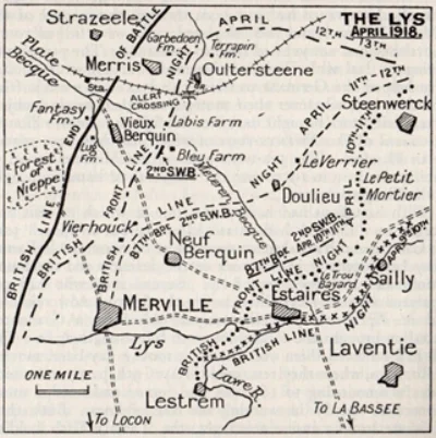Map showing the southern region of the Battle of the Lys in April 1918
