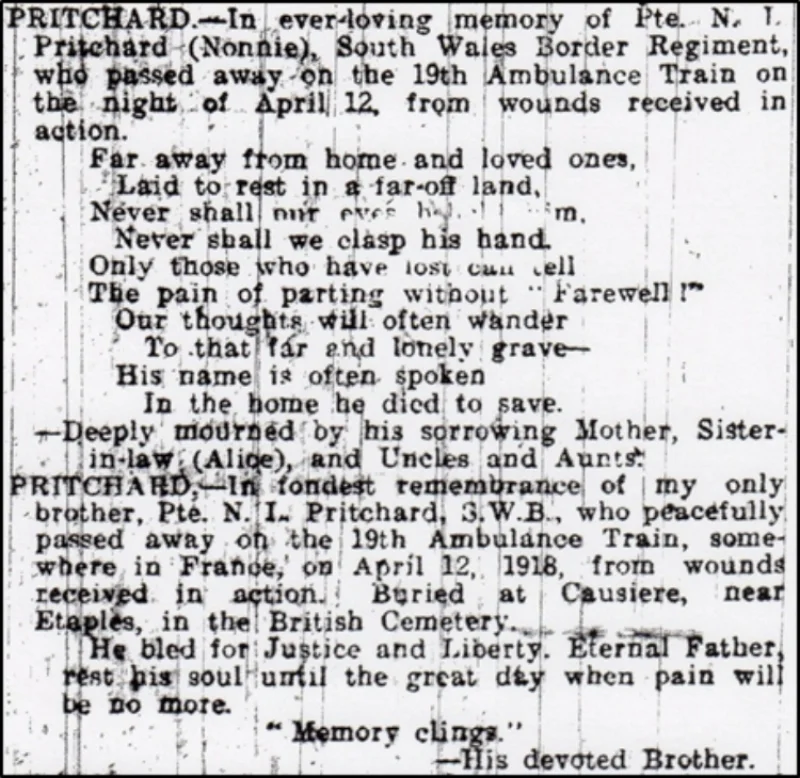 Family tributes to Nonnie Lysons Pritchard from the 4 May 1918 edition of the Walsall Observer & South Staffordshire Chronicle