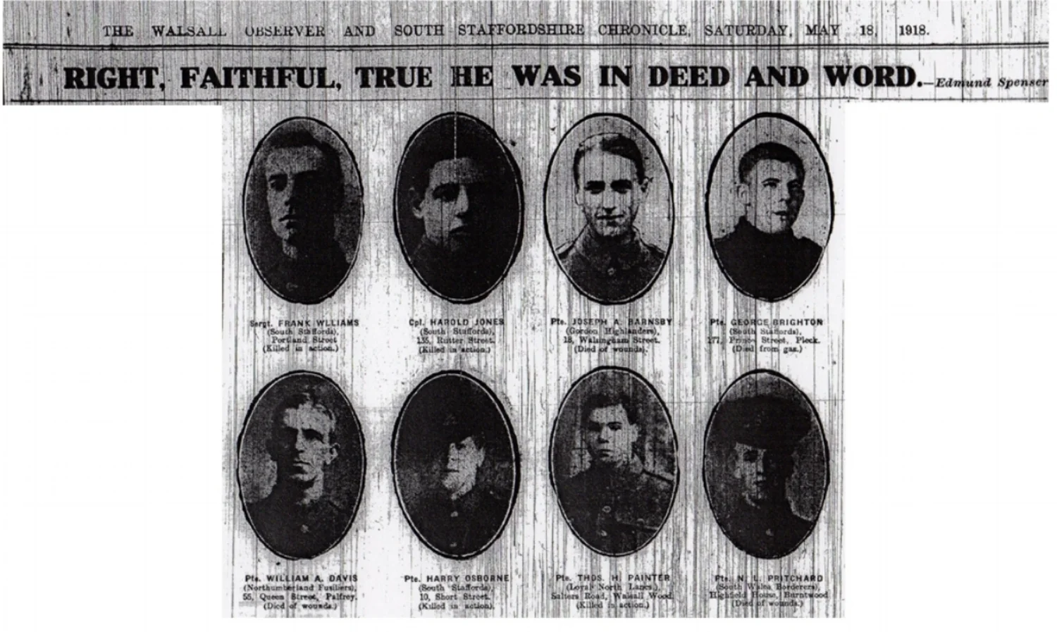 Extract from the 18 May 1918 edition of the Walsall Observer & South Staffordshire Chronicle recording the death of Nonnie Lysons Pritchard on the Western Front.