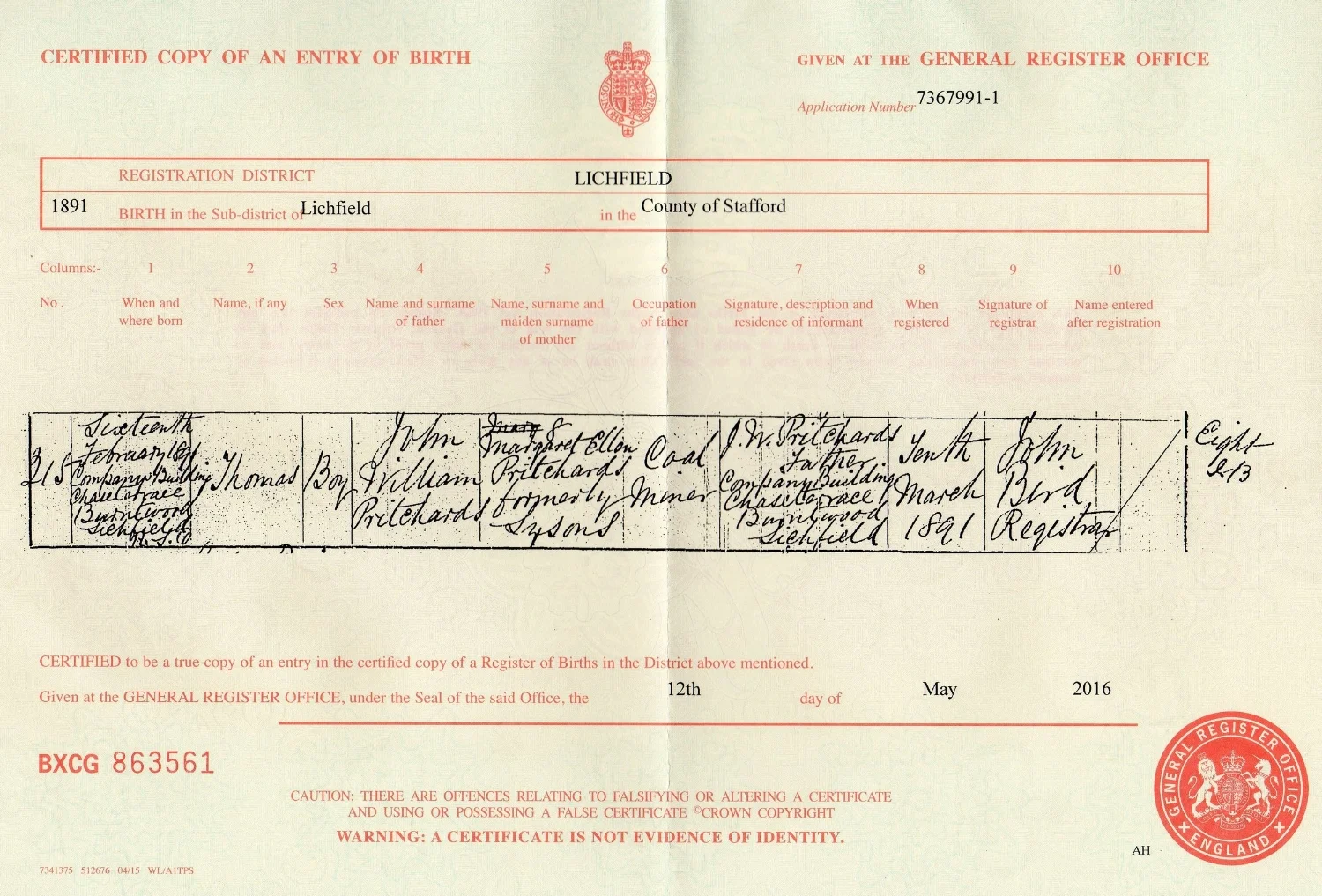 Copy of the Birth Certificate for Thomas Pritchard