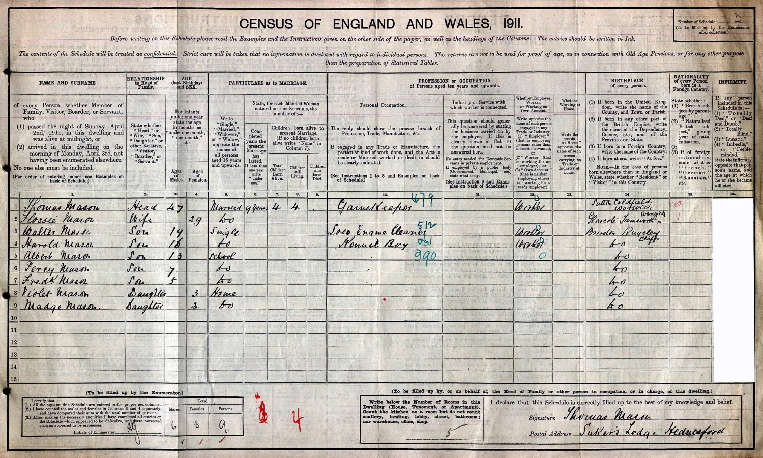 1911 Census for Walter Mason’s family