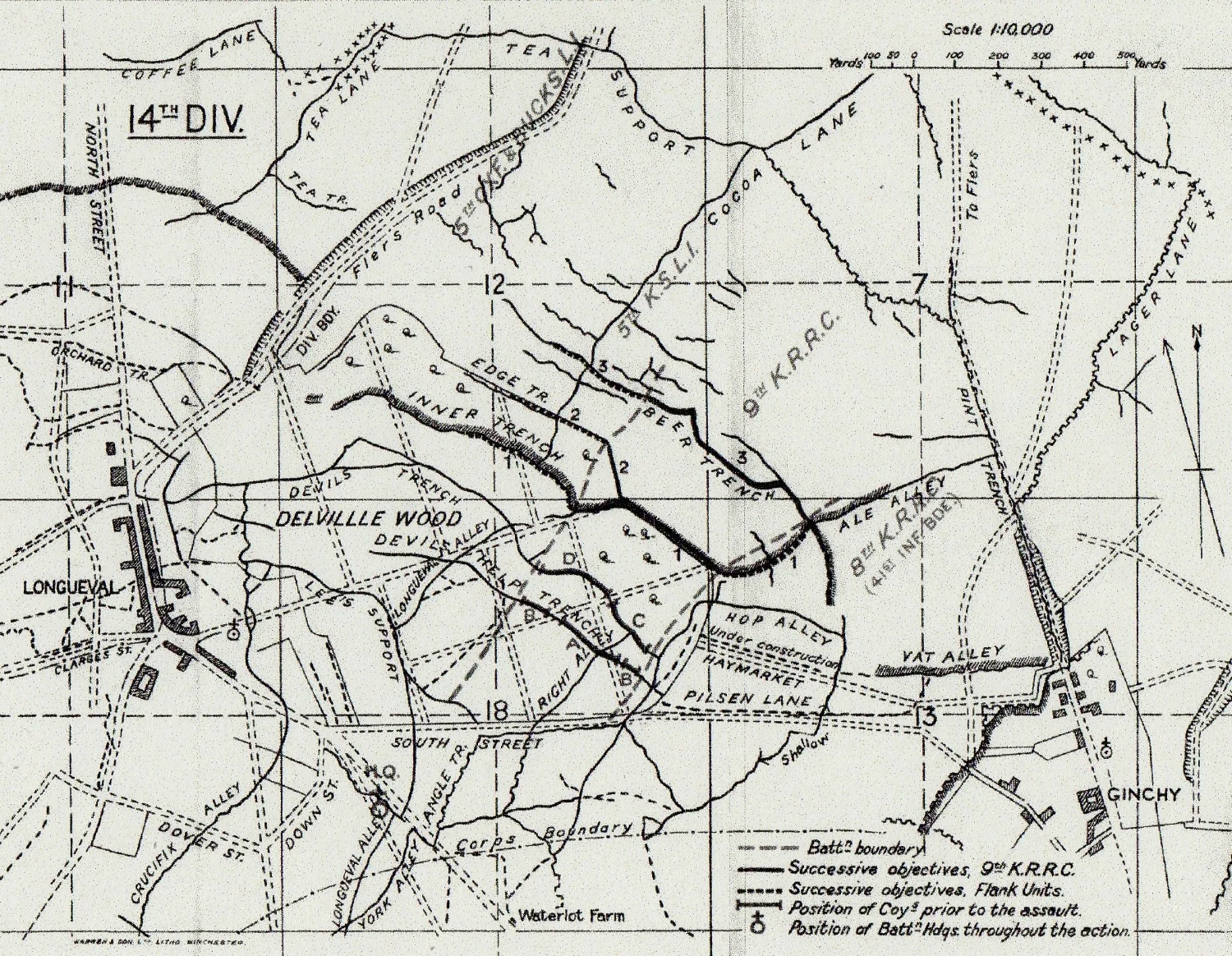 9th Battalion K.R.R.C. field map of Delville Wood at the time of their assault on 24 August 1914