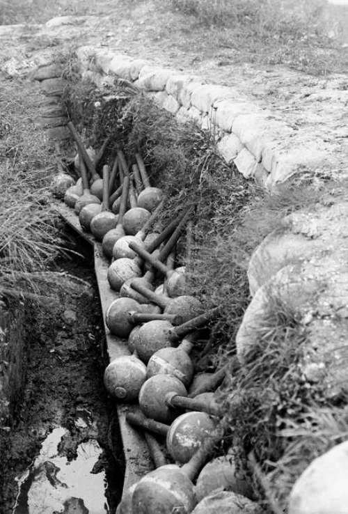 Trench mortar bombs ready for use in September 1916 in a reserve trench near Fricourt