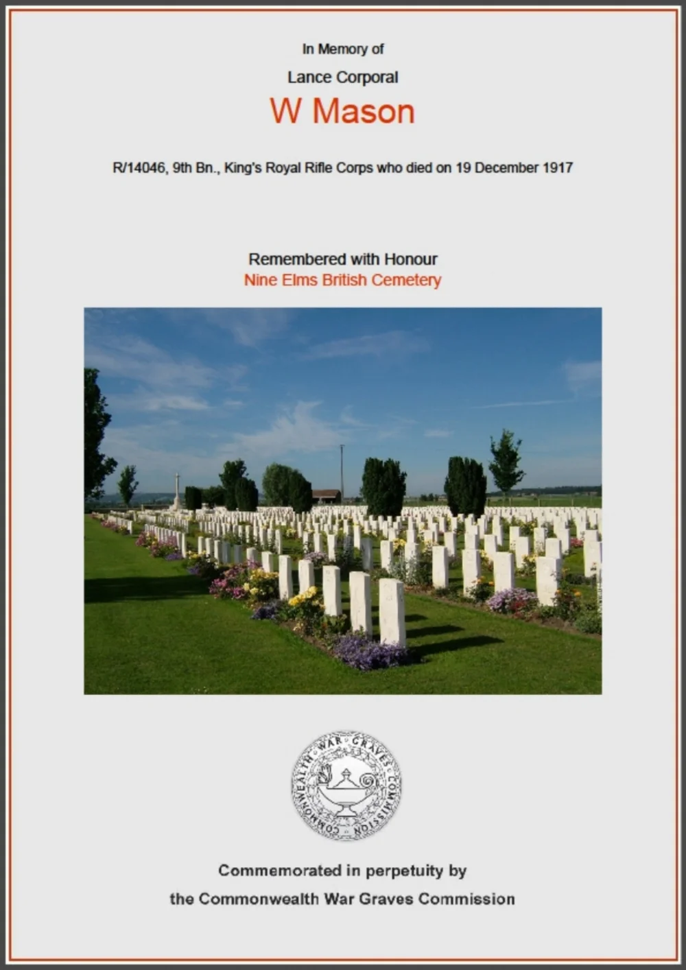 Commonwealth War Graves Commission certificate in memory of Lance Corporal Walter Mason