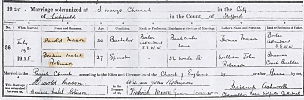 18 July 1925 marriage register for Harold Mason and Beatrice Mabel Robinson from St Mary's Church, Lichfield