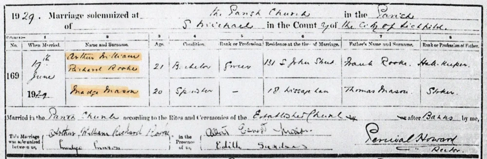 19 June 1929 marriage register for Madge Mason and Arthur William Richard Rooke from St Mary's Church, Lichfield
