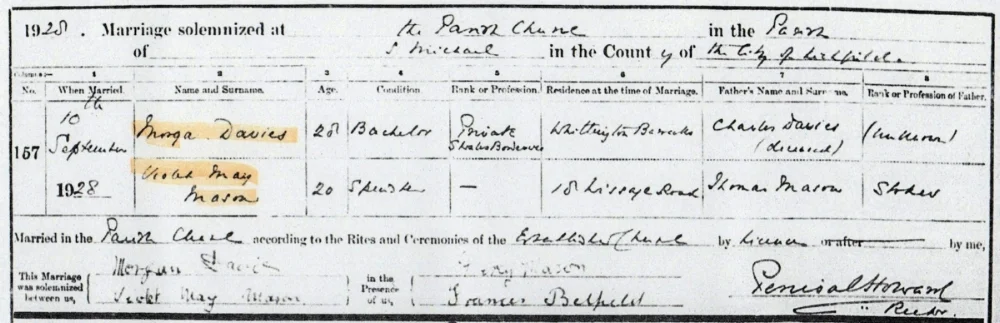10 September 1928 marriage register for Violet May Mason and Morgan Davies from St Michael's Church, Lichfield