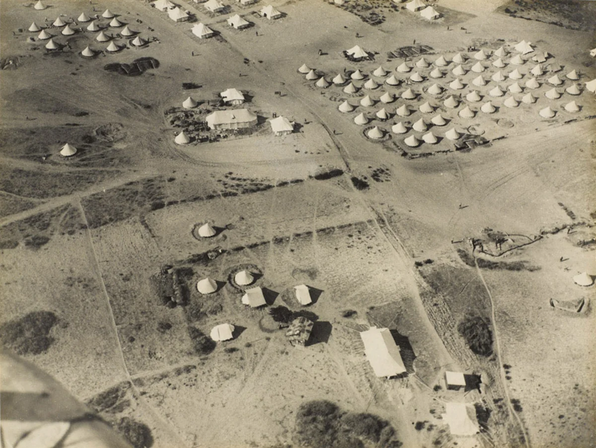 General Headquarters, Imbros, 1915 Imbros played an important role as a headquarters and staging post for General Sir Ian Hamilton's Mediterranean Expeditionary Force (MEF), prior to and during the Gallipoli campaign. A field hospital, airfield and administrative and stores buildings were constructed on the island. In the foreground, Hamilton's camp and hut are visible, while the bell tents to the top right were used by his staff officers.
