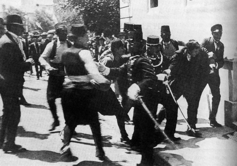 The arrest of Gavrilo Princip on 28th June 1914 after the assassination of Archduke Franz Ferdinand and his wife.