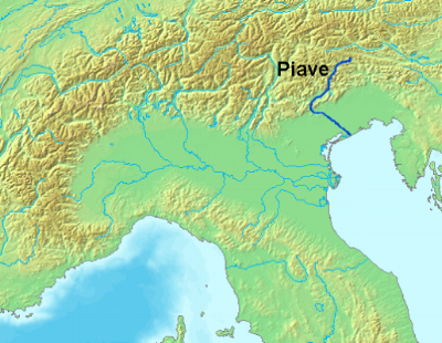 The Piave River in Northern Italy which begins in the Alps and flows south into the Adriatic Sea.