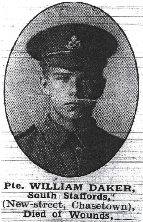 Photograph, from the Walsall Pioneer and District News, of Private William Daker dressed in the uniform of the South Staffordshire Regiment when he volunteered for service.