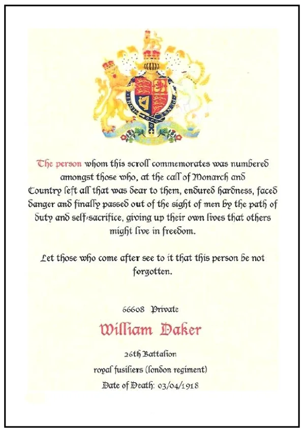 Scroll in honour of Private William Daker