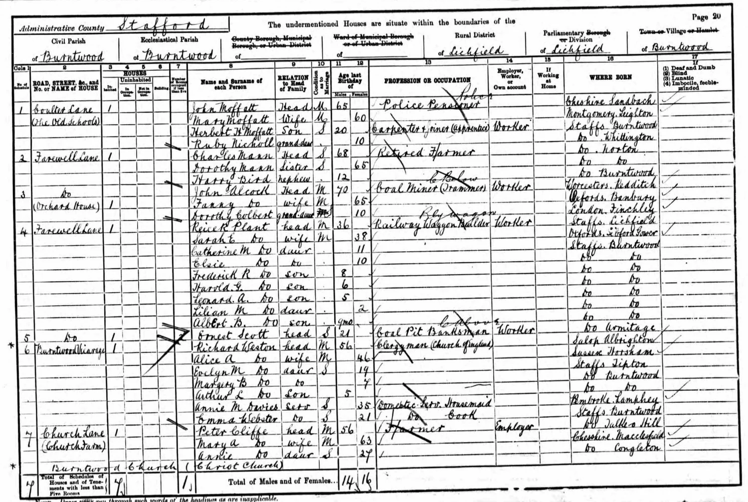 Extract from the 1901 census showing Reice and Sarah Plant and their family