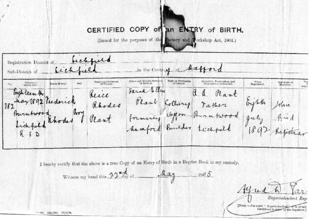 Copy of Frederick Rhodes Plant's birth certificate
