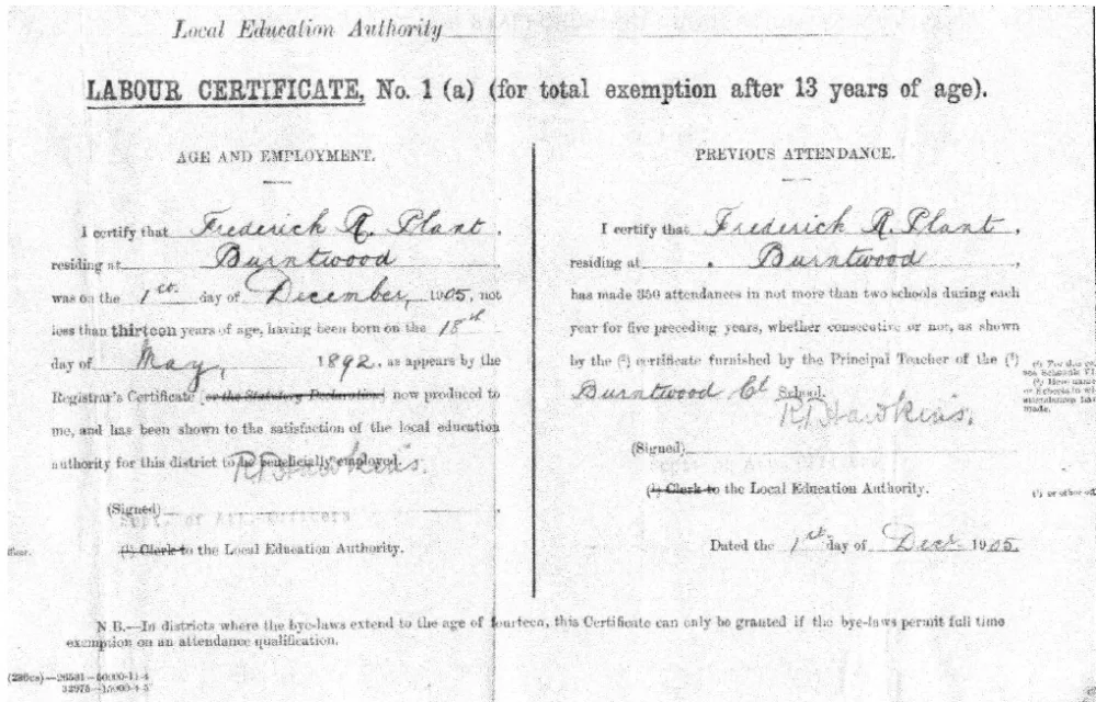 Frederick Plant's Labour Certificate