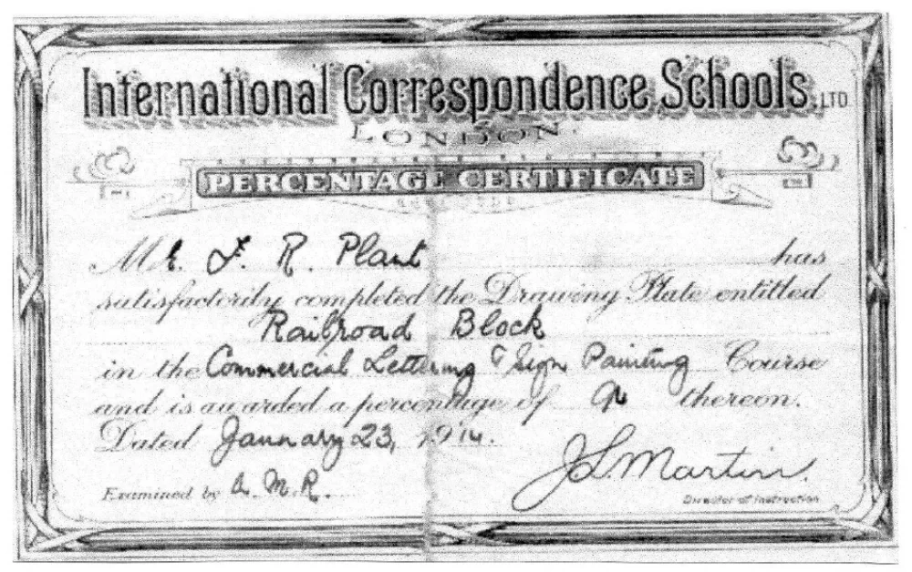 Frederick Plant's Percentage Certificate from the International Correspondence Schools