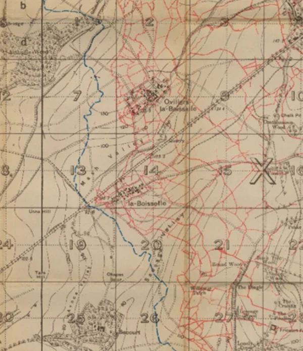 Extract from the 1916 British Trench Map 57D.SE.4 (Albert), scale 1:20,000 Edition 2D with trenches corrected to 15 August 1916